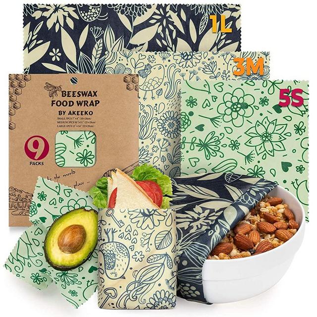 Reusable Beeswax Wraps Assorted 9 Packs - Eco-Friendly Reusable Food Wraps, Biodegradable, Zero Waste, Organic, Sustainable Bees Wax, Plastic-Free Food Storage, 5S, 3M, 1L w/Flower-and-Bird Pattern