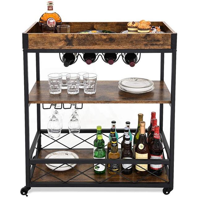 YITAHOME Mobile Bar Cart with Removable Wood Top Container, Serving Cart on Wheels with 3-Tier Storage Shelf, Industrial Kitchen Cart for Home, Wine Rack, Glass Holder, Rustic Brown
