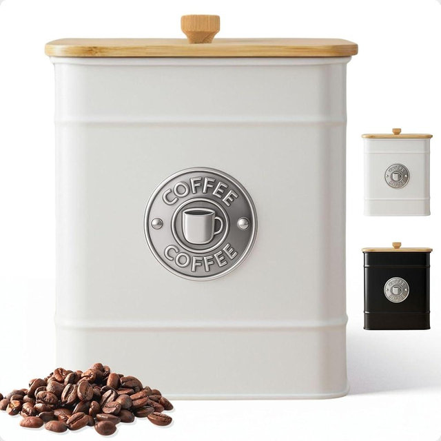 Airtight Coffee Canister - 40 oz Large Iron White Coffee Container Airtight - 6 x 8 inch Metal Jar - Stylish Countertop Container for Grounds, Beans, Pods & More with Rubber-Lined Bamboo Lid