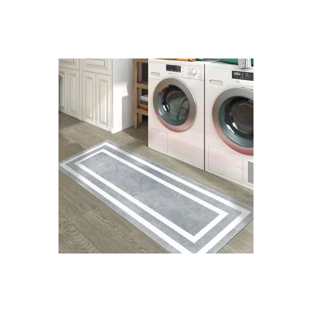 SUSSEXHOME Washable Indoor Laundry Room Rug Runner - 100 % Polyester Kitchen Floor Mat - Bordered Light Gray