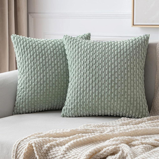 MIULEE Throw Pillow Covers Soft Corduroy Decorative Set of 2 Boho Striped Pillow Covers Pillowcases Farmhouse Home Decor for Couch Bed Sofa Living Room 18x18 Inch Greyish Green