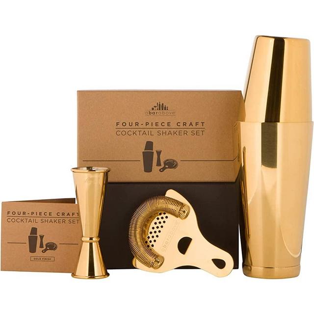 A BAR ABOVE Gold Craft Bar Set (4pc) - Stainless Steel Gold Boston Shaker Set - Includes Professional 2-Piece Cocktail Shaker Set with Hawthorne Strainer and Japanese Jigger - Gold Finish