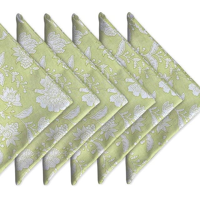 Craftbot Soft Cotton Dinner Napkins 18x18 inches - Washable Cloth Thin Napkins Set of 6 - Everyday Use or Dinner Party and Events - Light Green Floral Lightweight Indian Block Print Fabric