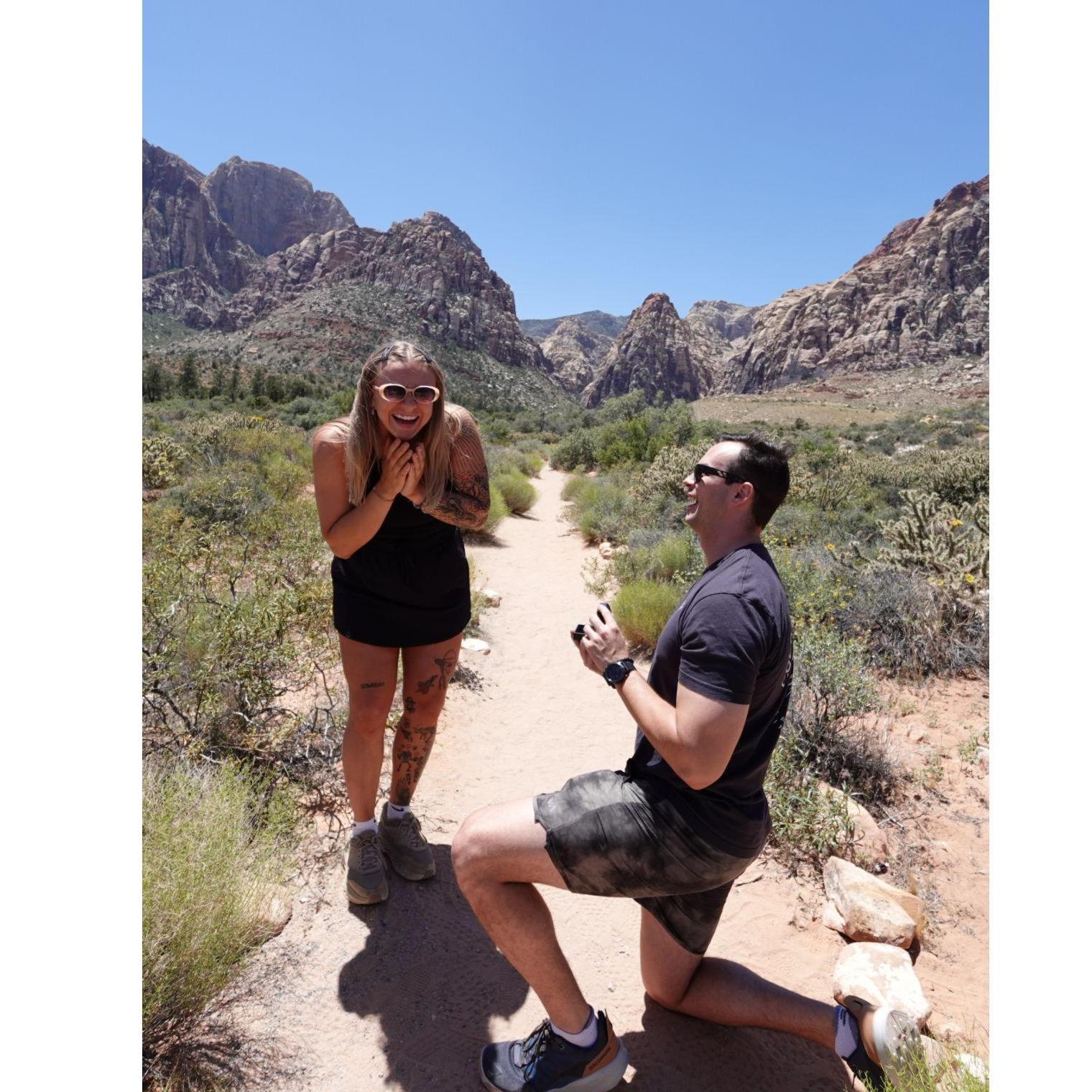 From the EXACT moment we got engaged.... TOTALLY not staged.... Incredible timing on our friend's part taking pictures! Red Rock Canyon, NV, 2024.