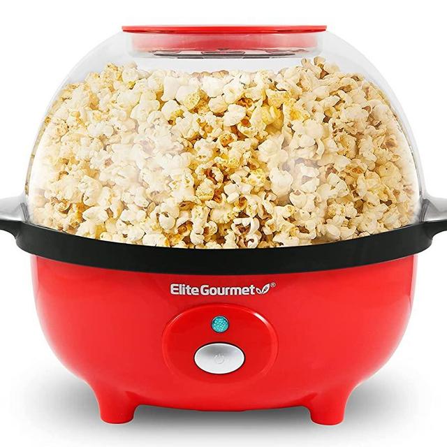 Elite Gourmet EPM330R Automatic Stirring Popcorn Maker Popper, Electric Hot Oil Popcorn Machine with Measuring Cap & Built-in Reversible Serving Bowl, Great for Home Party Kids, ETL Approved, Red