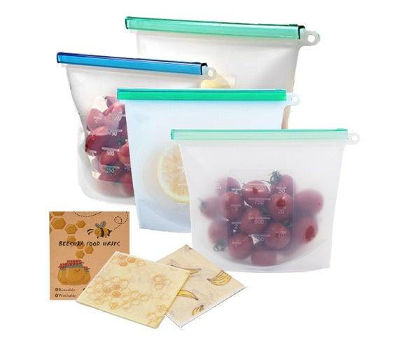 Reusable Food Storage Bags- BPA Free Silicone, Leakproof Meal Container, Freezer/Microwave/Dishwasher Safe (1 Lrg, 3 Med), 2 Beeswax Wraps