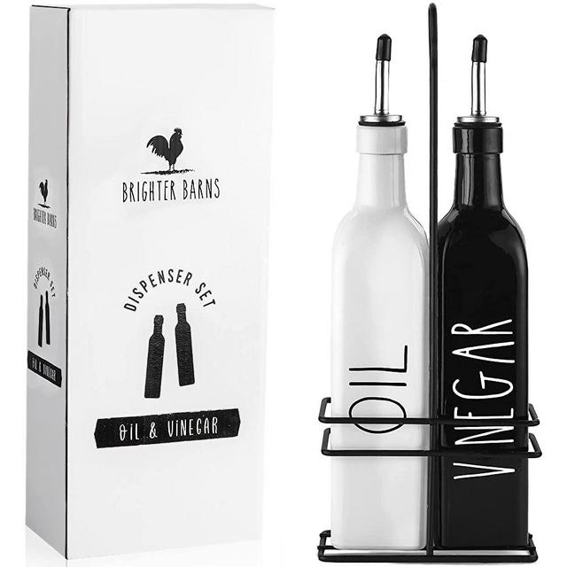 Farmhouse Oil and Vinegar Dispenser Set by Brighter Barns - Black & White Olive Oil Dispenser Bottle with Caddy Holder & Stainless Steel Spout - Cute Modern Vintage Glass Cruet for Kitchen -500ml 17oz