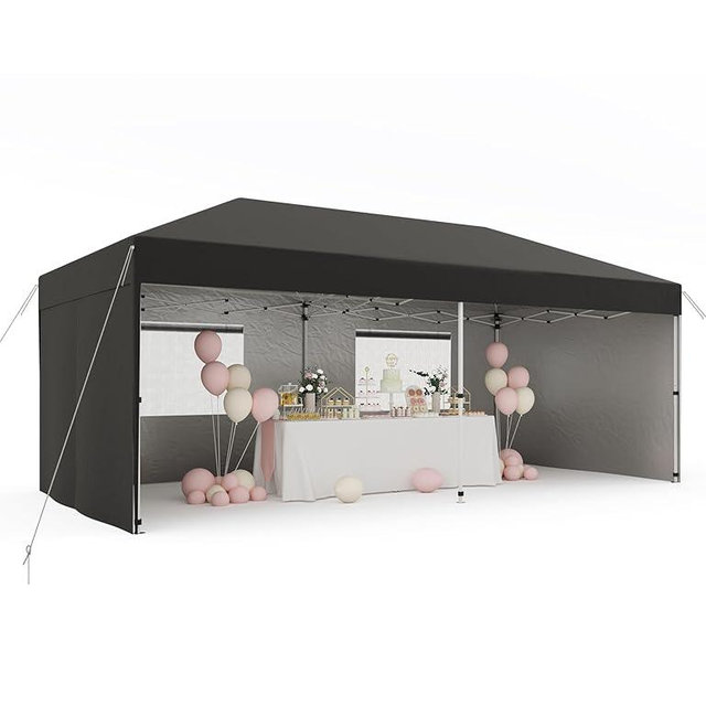10x20 Pop Up Canopy Tent with 4 Sidewalls, Heavy Duty Outdoor Canopy UPF 50+ All Season Waterproof Commercial Street Vendors Party Tents with Roller Bag, 8 Stakes & 6 Sandbags, Black