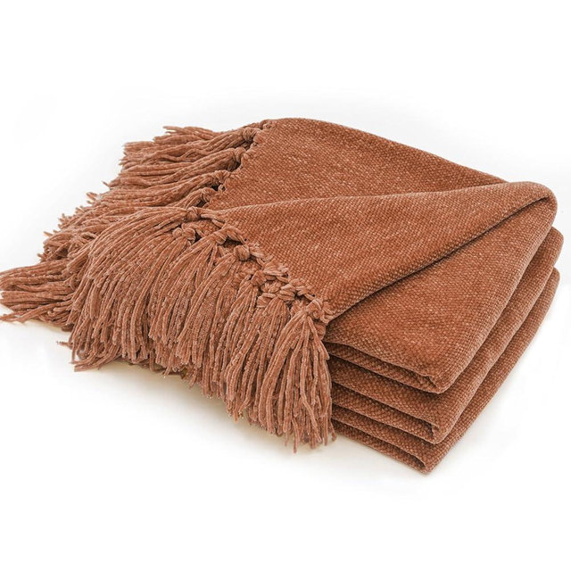 RECYCO Throw Blanket Soft Cozy Chenille Throw Blanket with Fringe Tassel for Couch Sofa Chair Bed Living Room Gift (Rust, 50" x 60")