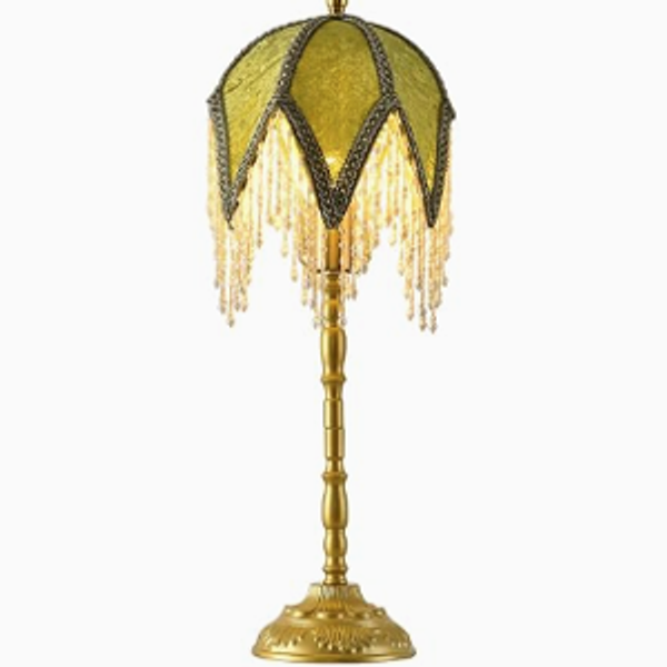 Vintage Tasselled Table Lamp with Beaded Shade, 3 Color Temperatures, Green and Gold, Victorian Style