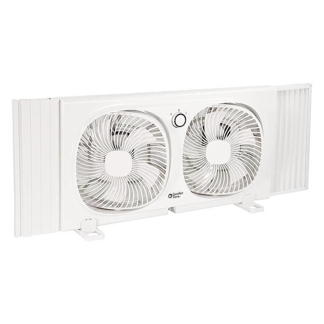 Comfort Zone CZ329WT 9" Dual Window Fan with 180° Rotating Fans, 2-Speeds, Plastic Removable Bug Screen, Individually Rotating Fan Heads, White