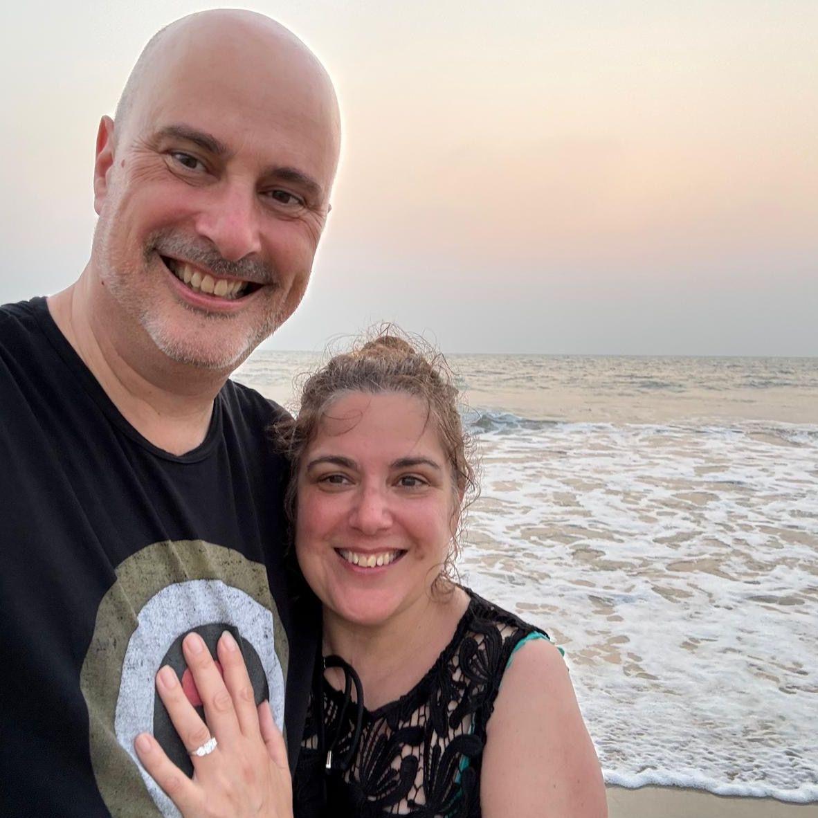 Seconds after Martin's proposal on the beach in Goa, February 2025. Abby had been in the sea moments before and was suffering with a cold too (but the sea was so warm it was too irresistible!)