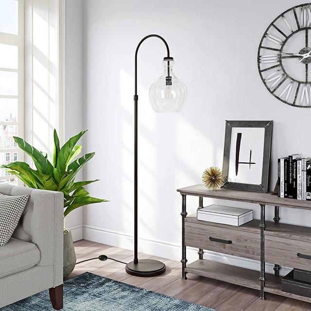 Henn&Hart Arc Blackened Bronze Floor Lamp with Seeded Glass Shade for Living Room / Office / Bedside