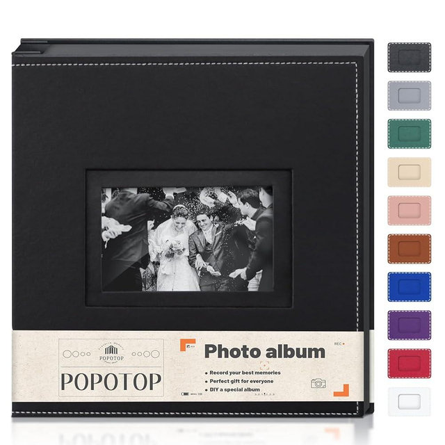 Popotop Photo Album 4x6 Photos with Leather Hardcover Cover as Wedding Gifts Anniversary, Baby Memory Book with Vertical & Horizontal Slip-in Pockets for Family Couple with Front Window Design