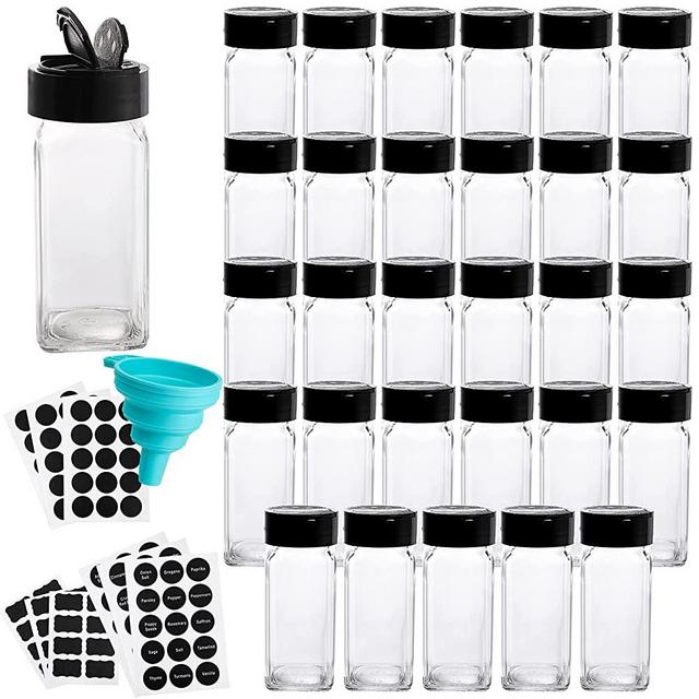 Tebery 30 Pack Glass Spice Jars Square Glass Bottles with Black Caps, 4oz Empty Spice Containers Shakers Complete Organizer Set Includes Shaker Lids, Wide Funnel and Labels