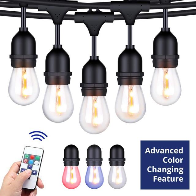 Foxlux Outdoor String Lights with Color Changing LED - 48 ft Patio Lights with Remote Control Color Change - White, Red, Green and Blue - Waterproof Plastic Bulbs for Backyard, Garden, Bistro, Café