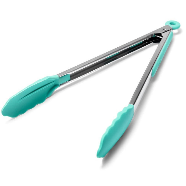 Doosu Kitchen Tongs for Cooking - 600°F Heat Resistant Food Tong with Non-Scratch Silicone Tips, Heavy Duty Stainless Steel Locking Tong for BBQ, Grilling Steak, Serving Salad, Pasta (12in, Aqua Sky)