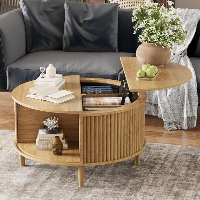 Madaha Lift Top Coffee Table with Storage, Fluted Round Center Table with Sliding Cabinet Door, Small Circle Table for Living Room, Natural Oak