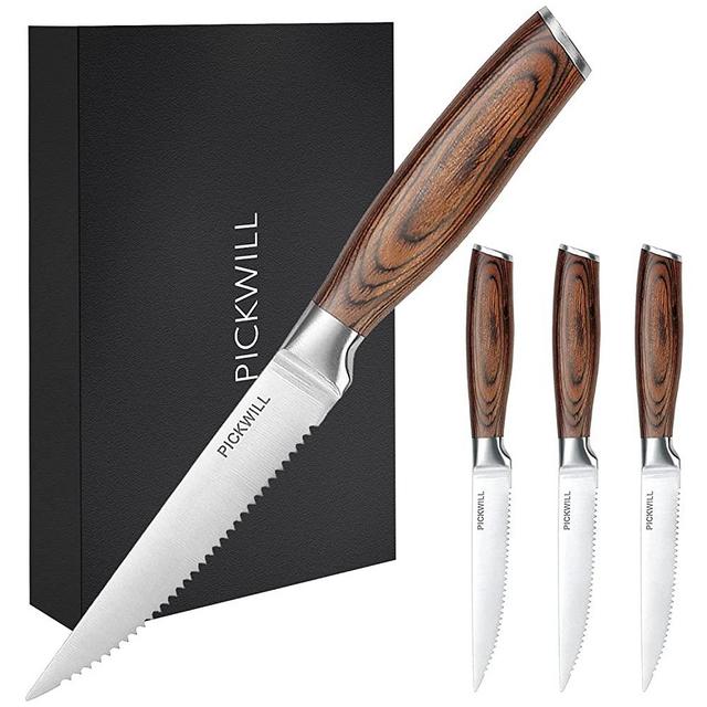 PICKWILL Steak Knives Set of 4, Serrated Steak Knives 4.5 Inch High Carbon German Stainless Steel Full-tang Pakkawood Handle, Steak Knives for Cutting Steak, Bread with Gift Box