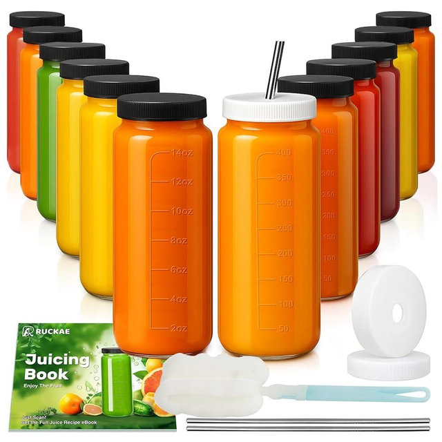 Ruckae 16oz 12 Pack Juice Bottles, Glass Bottles Juicing with Lids, Smoothie Cup Lids and Straws, Water Bottle Mason Jar Drinking Glasses for Juicing, Smoothies, Kombucha