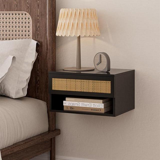 Floating Nightstand, Small Modern Floating Nightstand with Drawer, Floating Shelves for Bedroom, Bathroom (Black Rattan)