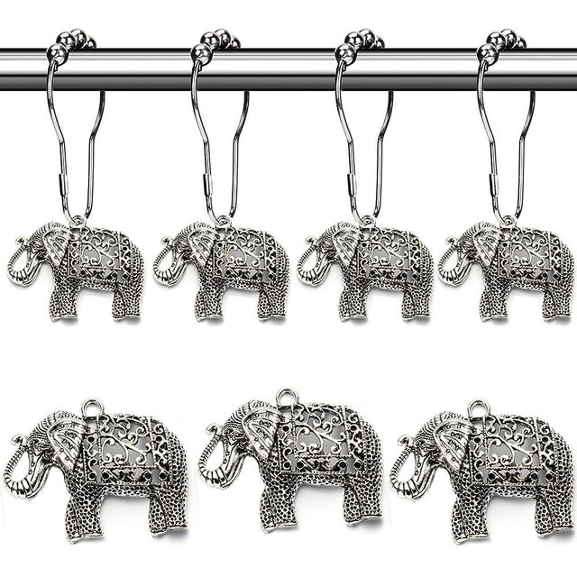 Elephant Shower Curtain Hooks for Bathroom, Rusr Proof Shower Rings for Shower Curtain, Kids Room, Silver Metal Windower Curtain Hangers, Cute Cartoon Vintage Theme Bathroom Decor (Antique Elephant)