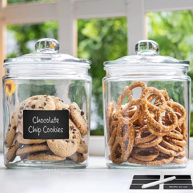 2pc Canister Set for Kitchen Counter + Labels & Marker - Glass Cookie Jars with Airtight Lids - Food Storage Containers with Lids Airtight for Pantry - Flour, Sugar, Coffee, Cookies, etc.