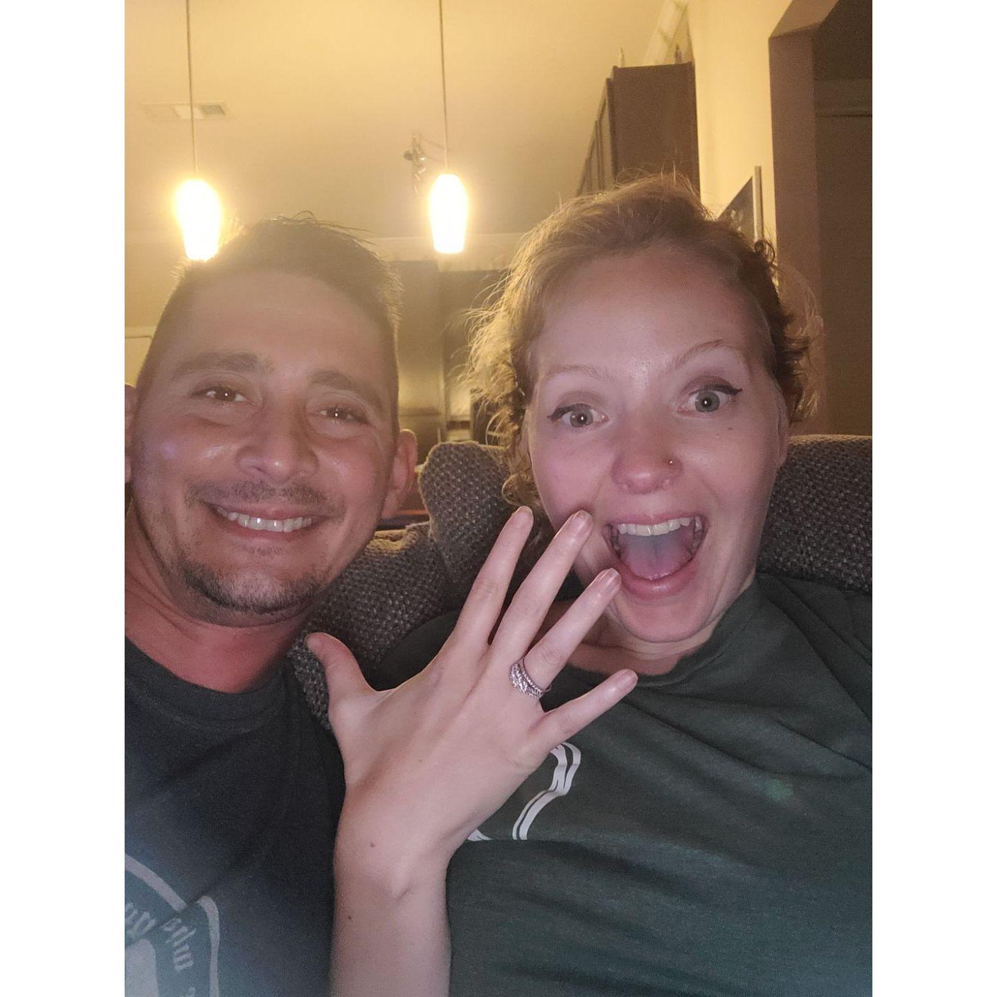 The night we got engaged! We went out to dinner, went to the Emerald Goat, came home, and started watching a movie. He got Zoie to help him show me the ring I just knew you didn't get lol