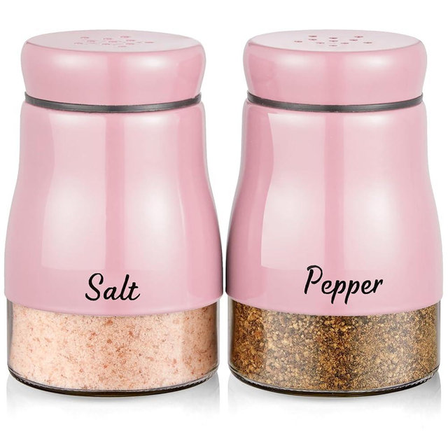 Pink Salt and Pepper Shakers Set, Bivvclaz 5 oz Salt and Pepper Dispenser with Glass Bottom, Cute Salt and Pepper Shakers for Pink Kitchen Decor and Accessories, Easy Filling