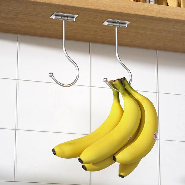 Josmimic Modern Banana Hanger Hook Under Cabinet: Adhesive Banana Holder, Foldable with Magnets When Not in Use, Under Counter Banana Hook, Stainless, Hold 13 LB, Silver, 2 Pack