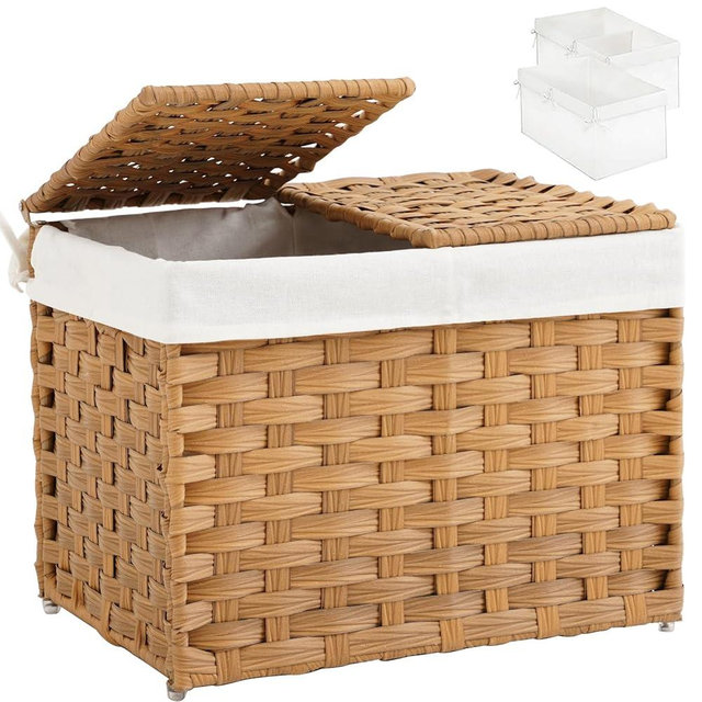 SETVSON Storage Basket with Lid Woven Wicker Baskets with 2 Separate Lid, 9.2 Gallon (35 L) Wicker Storage Bins with Handles, Foldable and 2 Removable Liner Bags for Bedroom, Laundry Room Natural