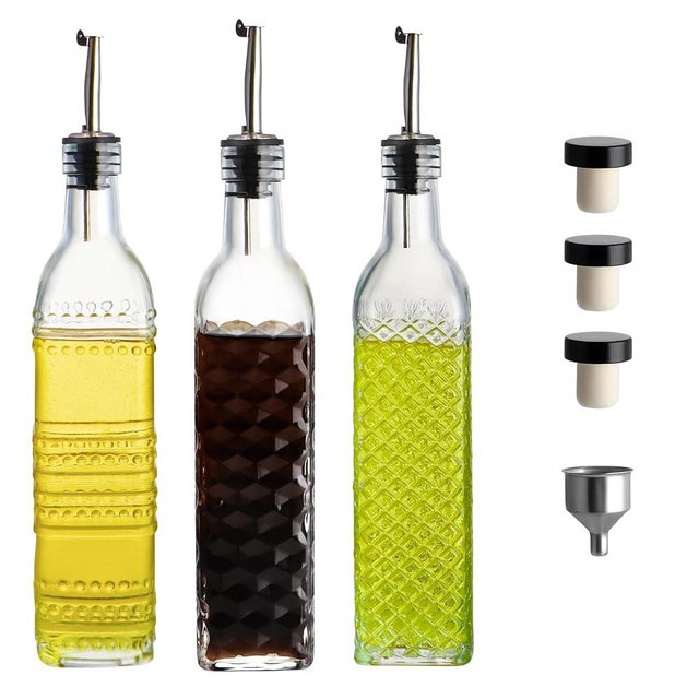 MDLUU Oil and Vinegar Dispenser Set, 17oz Clear Glass Olive Oil Bottles, Kitchen Vinegar Decanters with 3 Spouts, 3 Plugs, 1 Funnel, Pack of 3