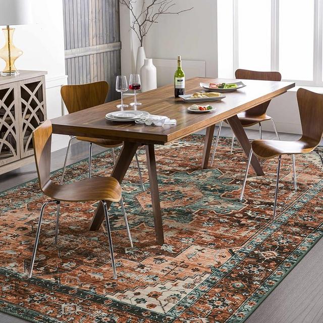 Moynesa 8x10 Ultra-Thin Vintage Area Rug - Oriental Print for Bedroom, Living Room, Under Table, Office, Entryway - Brick Red/Dull Teal