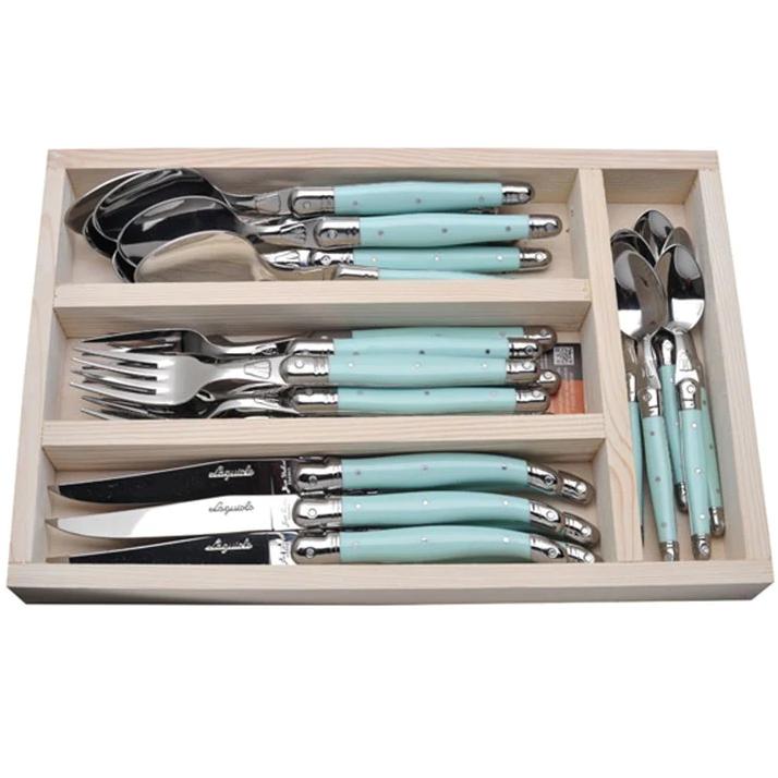 Jean Dubost 24 Piece Everyday Flatware Set with Handles in a Tray, Turquoise