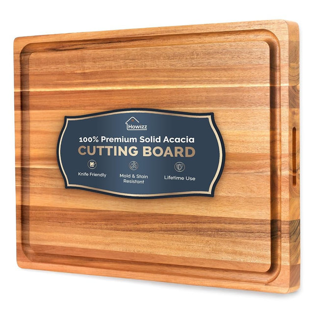 Howizz Solid Acacia Wood 20"x15" Large Cutting Board, Thick 1" Edge Grain Butcher Block For Kitchen, Non Toxic Pre-Oiled Carving Tray, Juice Grooves and Easy Grip Handle Gift-Ready Box