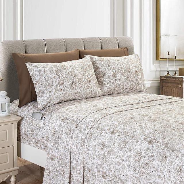 Elegant Comfort Amelia Paisley Printed 6-Piece Sheet Set, Deep Pocket 1500 Thread Count, Fade, Stain, and Wrinkle Resistant, Fitted Sheets with Smart Pockets, Paisley Sheet Set, Full, Latte Taupe