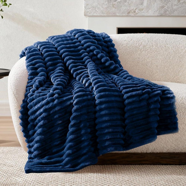 Nookly Navy Fleece Throw Blanket for Couch, Soft Lightweight Ribbed Plush Blanket for Sofa and Bed, All-Season Cozy Striped Throw for Women Girl 50x60 Inches