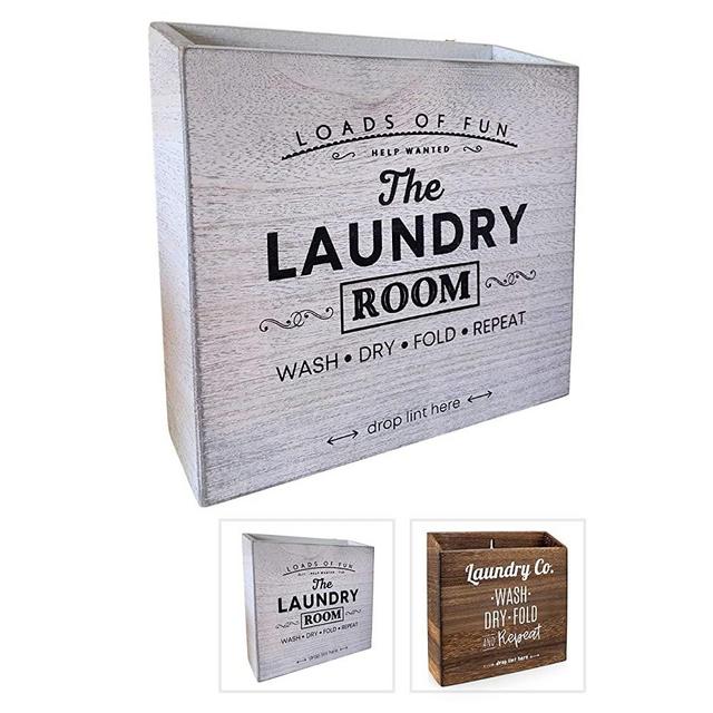 CADE + KAI Magnetic Lint Bin for Laundry Room – Mountable, Wooden Lint Box/Holder/Trash Can or Organization and Storage Bin for Washer and Dryer Supplies – Rustic Farmhouse Decor (White Washed)