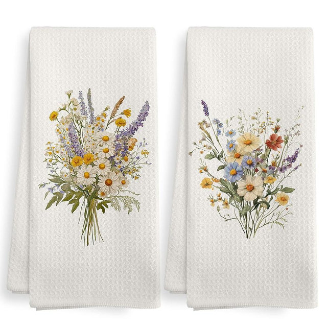 XNXLDYLH Vintage Beige Neutral Floral Farmhouse Kitchen Towels and Dishcloths Sets of 2, Wildflower Decor Decorations, Cream Spring Floral Decor Dish Hand Tea Towels for Bathroom Kitchen, 16x24 Inch