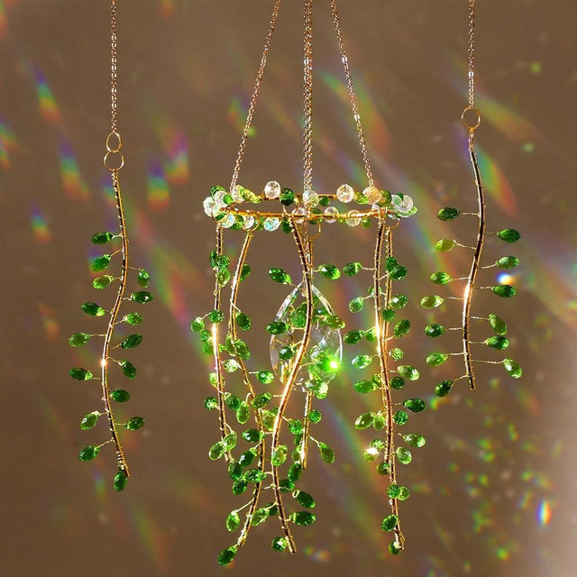 Suncalla 3 Pcs Crystal Suncatchers for Window Boho Decor Plant Sun Catchers Green Plants Artificial Hanging Wind Chime Sun Catchers with Chain Rainbow Indoor Outdoor Decor Plant Lover Gift