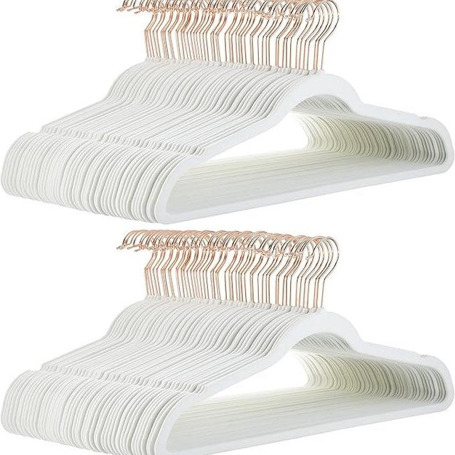 Amazon Basics Slim, Velvet, Non-Slip Suit Clothes Hangers, Ivory/Rose Gold - Pack of 100