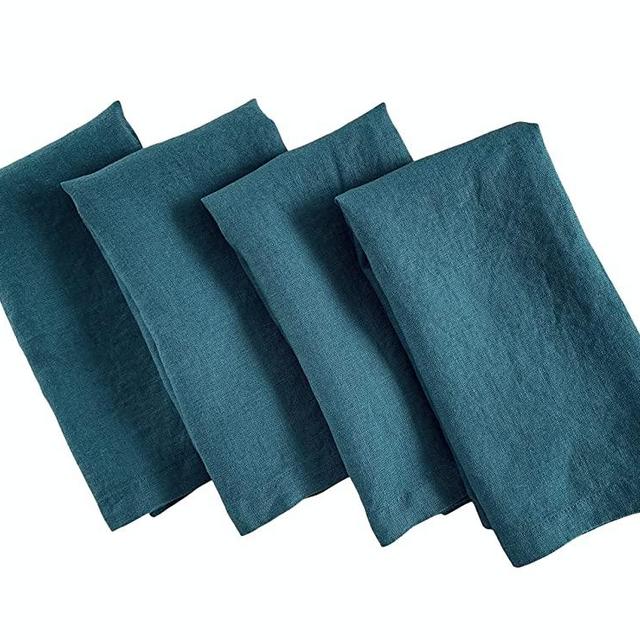 Linen Napkins – 100% French Flax – Stonewashed Pure Linen Cloth Napkins – Mitered Corners – Set of 4 (Dark Teal Blue)