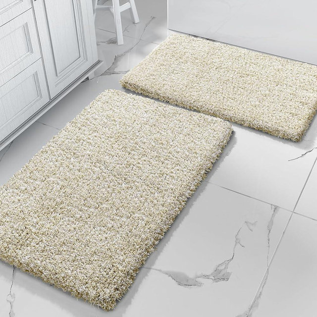 Yimobra Fluffy Bath Rug Set, Shaggy Soft Non Slip Bathroom Rugs, Machine Washable, Thick Bathroom Floor Rugs for Shower Bath Mat, Water Absorption, 24x17+32x20 Inches, Light Beige & White