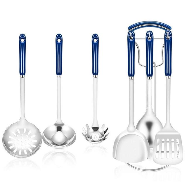 Kitchen Cooking Utensils Set, 7Pcs Stainless Steel Kitchen Utensils with Stand, Kitchen Cookware Tool Set with Ceramic Handle, Blue