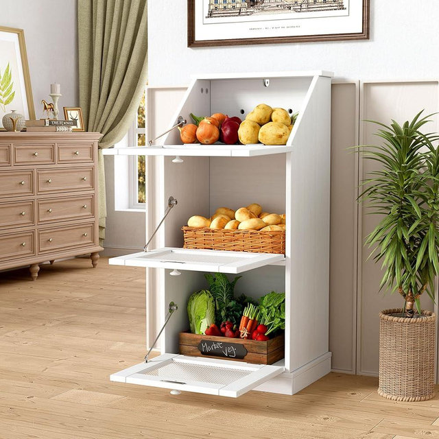 PAKASEPT Potato Storage Wood Bin, Wooden Bread Storage Bins, Decorative Potato and Onion Storage Bin with 3 Doors, Wooden Vegetable Storage Box with Lid (1)