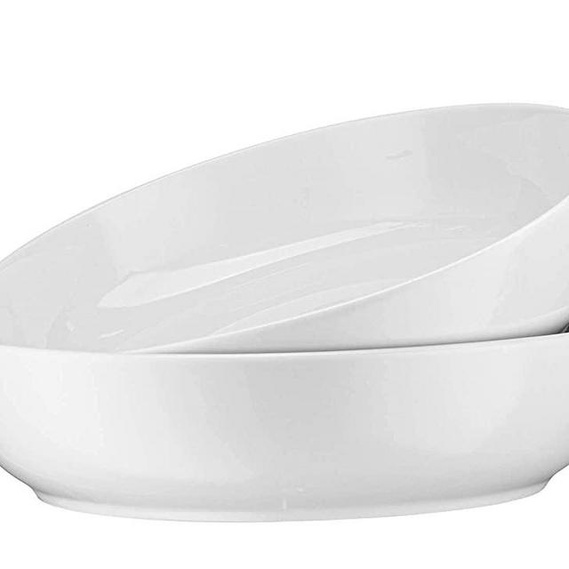 Kook Porcelain Large Serving Bowls, Serving Dish, Extra Wide & Shallow, Dishwasher & Microwave Safe, For Salads, Soups, Fruit, Pastas and Party Snacks, Family Size, 9.25 Inch, White, Set of 2