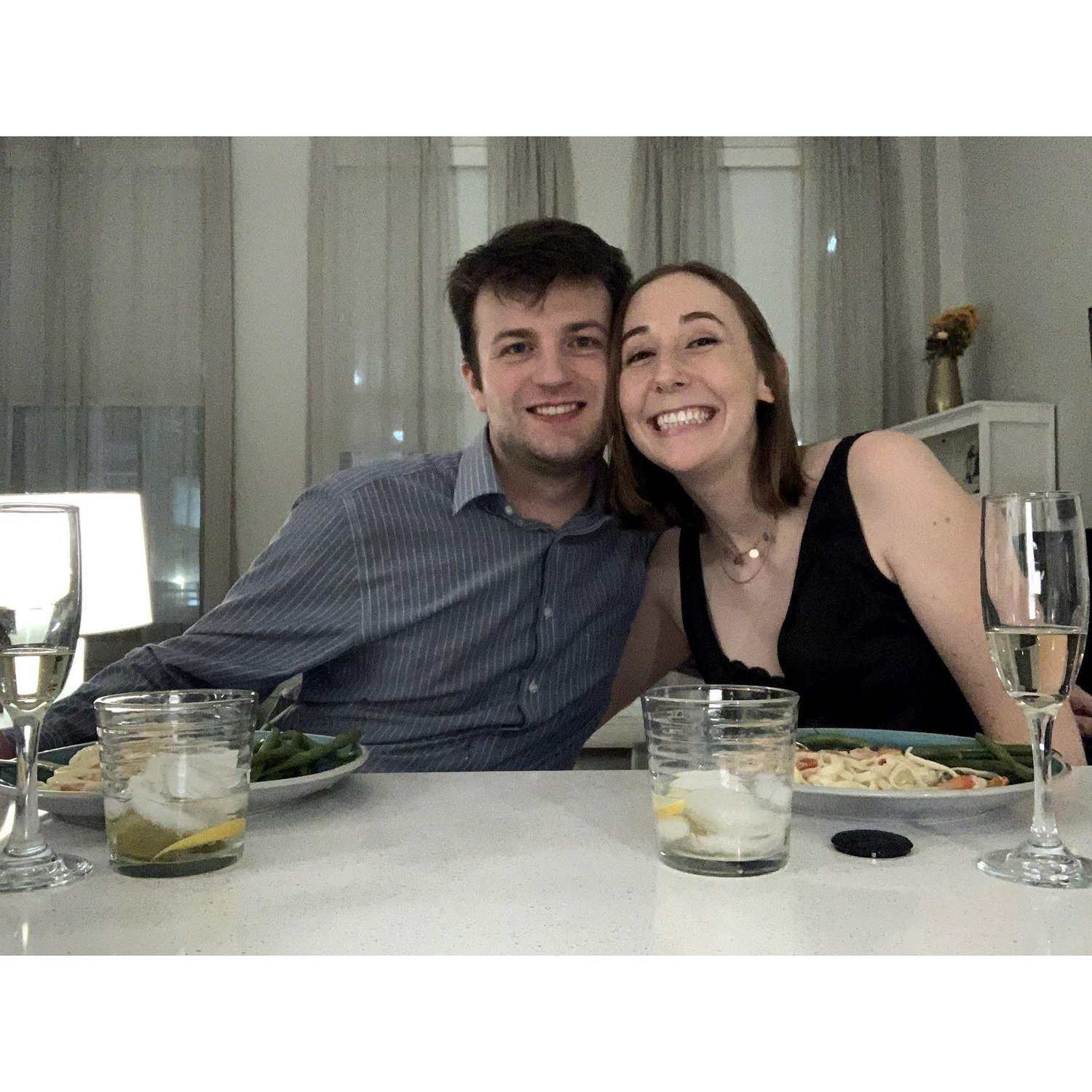 One of our first "dates." Because of COVID we couldn't go out, so we got dressed up and made dinner and martinis.