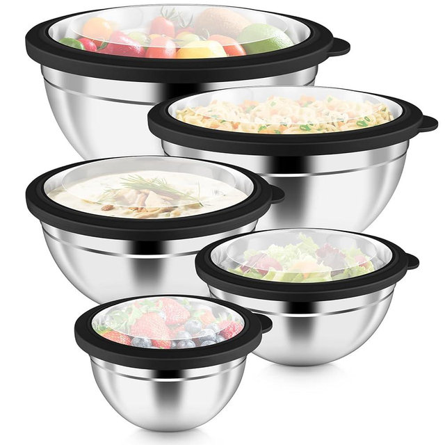 P&P CHEF Mixing Bowl with Visible Airtight Lid Set of 5, 10-Piece Stainless Steel Nesting Salad Bowl Set for Prepping, Mixing and Serving, Size 4.6, 3, 1.5, 1, 0.7 QT, Rimmed Edges & Flat Base, Black