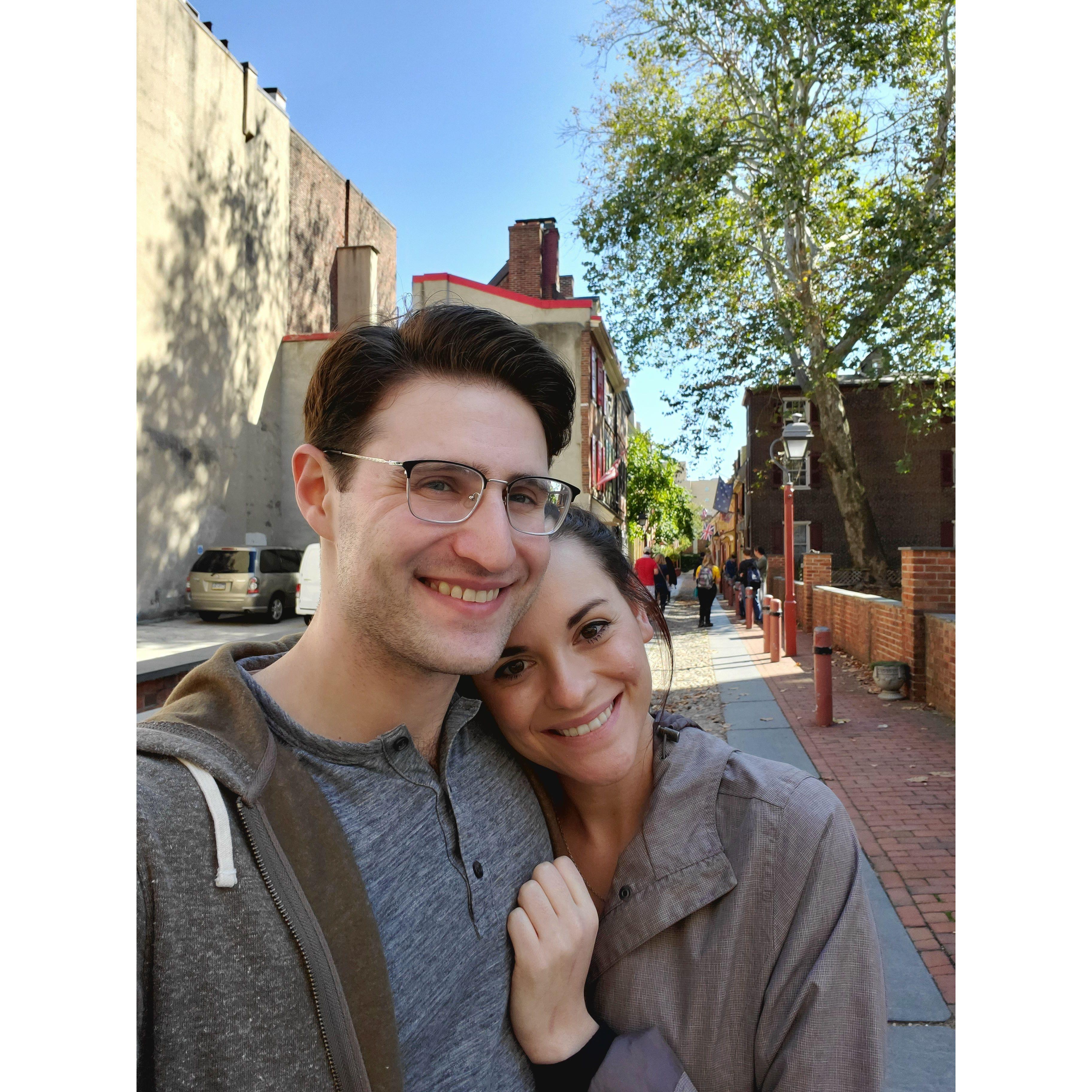 Josh and Alexandra's first photo together in Elfreth's Alley, Philadelphia