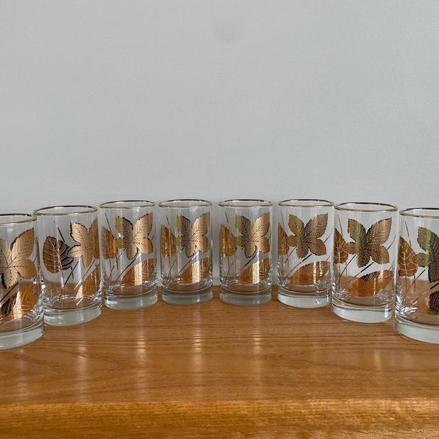 Vintage Libbey Gold Leaf Plant Glasses Libby Set of 8 Glasses - MCM Retro Boho Mid Century Modern 1950s 1960s Cocktail High ball Leaves